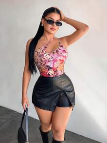 SHEIN SXY Áo tắm liền thân gợi cảm họa tiết da báo và hoa, khoét rỗng, dành cho nữ, phong cách nghỉ mát biển. - Nhiều màu - Xem 3