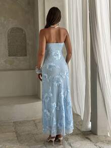 Aloruh Women's Spring/Summer Strapless Textured Fabric High Slit Dress - Blue - View 2
