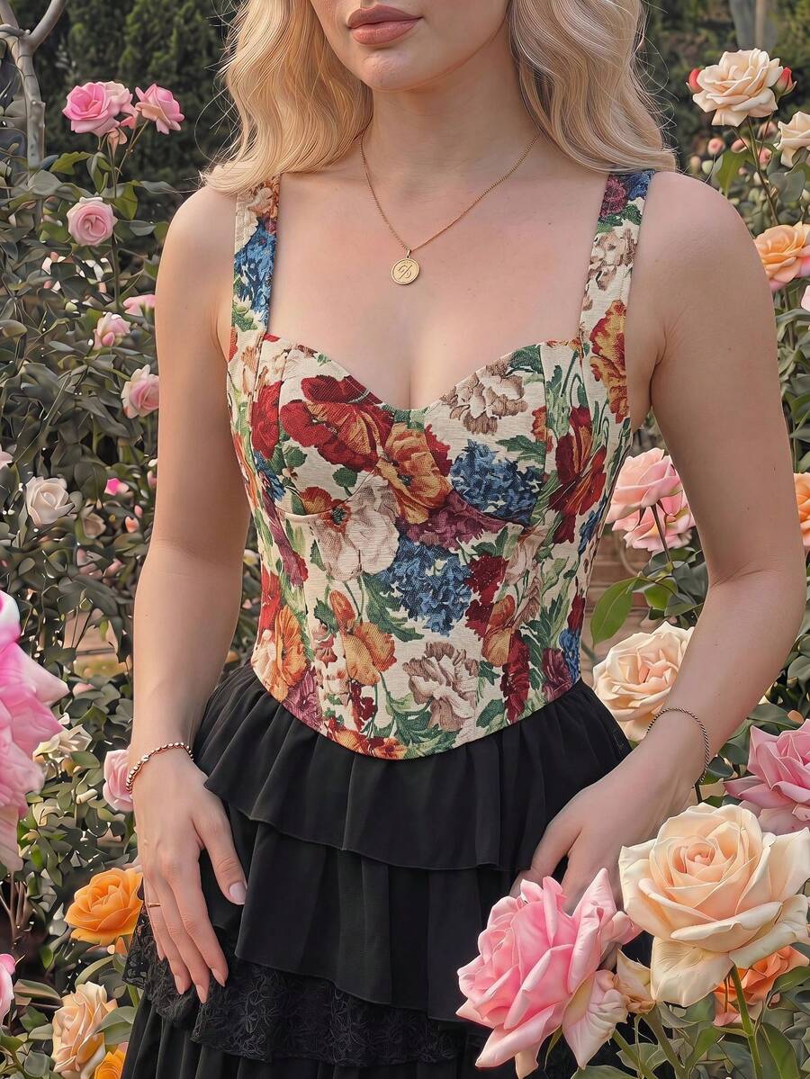 SHEIN MOD Blusa sin mangas elegante con estampado floral colorido de talla grande
