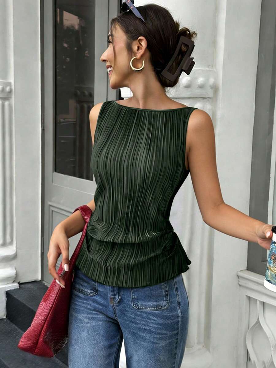 SHEIN Clasi 標準尺寸女款春夏寬領無袖百褶布料收腰優雅襯衫 辦公室深綠色 - 軍綠色 - 查看 1