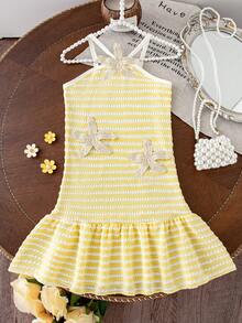 SHEIN Elladie kids 小女孩时尚甜美彩虹条纹吊带露背连衣裙，夏季度假装 - 黃色 - 查看 6