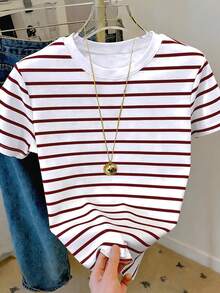 Resyla Camiseta casual de mujer de manga corta, cuello redondo y holgada con rayas - Multicolor - Ver 3