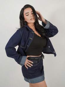 Dania Mndz Shop 女深蓝色牛仔套装长袖牛仔外套和卷边下摆裙25秋冬新款韩版休闲装办公室女装ins风秋季外套两件套牛仔套装女 - 深色水洗藍 - 查看 5