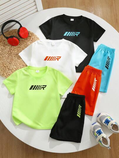 SHEIN Bộ đồ thể thao phối màu 6 món cho bé trai, thích hợp cho trường học, giờ học thể dục, chạy bộ ngoài trời và các hoạt động thể thao khác.