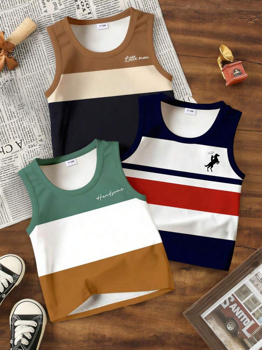 Bộ 3 món áo polo kẻ sọc thời trang tối giản cho bé trai, in hình ngựa và chữ, thích hợp mặc mùa hè. - Nhiều màu - Xem 1