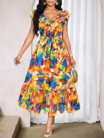 SHEIN Lady Đầm midi nữ in hoa, xếp ly ở gấu váy.