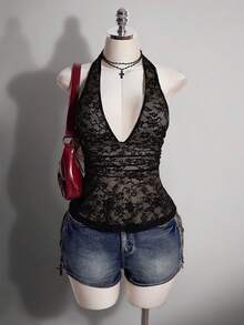 SHEIN ICON Women's Plus Size Black Summer Goth Night Out Club Y2K Lace Deep V-Neck Halter Neck Camisole Top,Retro Skin Tone Contrast Waist Gathered Tank Top - Black - View 3