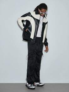 Men Two Tone Zip Up PU Leather Jacket - Black and White - View 3