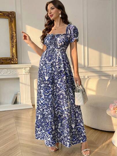 SHEIN Maternity Square Neck Petal Sleeve Vintage Floral Print Elegant Long Dress For Summer Elegant Summer Dresses For Women Fleurora Spring And Summer Elegant Dress Maxi Dress For Women Long Casual Tea Party Dresses For Women Maternity Clothes Summer Dresses