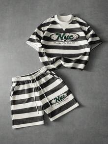 Manfinity EMRG 2pcs Men's Black And White Striped Short Sleeve T-Shirt And Shorts Set,Loose BOXY Cut Knit Set,Summer Streetwear City Break 80s NYC Vintage Inspired - Black - View 3