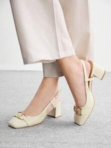 CUCCOO BIZCHIC 女士搭扣设计日常通勤米色方头高跟露跟鞋 - 米色 - 查看 3