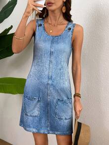 Zayélia Đầm ngắn không tay hiệu ứng denim dành cho nữ, thích hợp cho kỳ nghỉ hè. - Rửa nhẹ - Xem 4