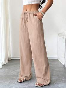 Flirla Petite Women's Casual Drawstring Elastic Waist Pocket Pants - Beige - View 3