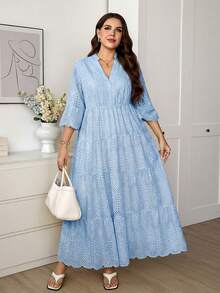 SHEIN LUNE Plus Size Women's V-Neck 3/4 Sleeve Elegant Midi Dress Fall - Baby Blue - View 6