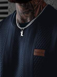 Manfinity Homme 男士夏季休闲度假日常通勤纯色纹理面料装饰短袖T恤 - 藏蓝色 - 查看 3