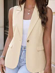 EMERY ROSE Blazer Tanpa Lengan Minimalis Kasual Tipis untuk Wanita Ukuran Plus - Aprikot - View 3