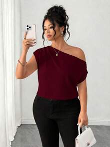 Elenzga Plus Size Women's Asymmetrical Shoulder Versatile Casual Blouse, Suitable For Spring/Summer, Commuting, Daily Wear, And Romantic Occasions - Burgundy - View 4