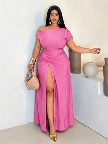 Maweii Plus Size Women Autumn Twist Asymmetric Slit Dress - Hot Pink - View 1