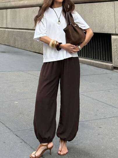 Firerie Women's Casual Loose Fit Drawstring Waist Pockets Coffee Color Pants, Relaxed Fit Solid Brown Lantern Pants, Suitable For Casual, Vacation, And City Street Wear Brown Summer Pants Brown Barrel Pants Bubble Pants For Women Harem Pants Women With Pockets