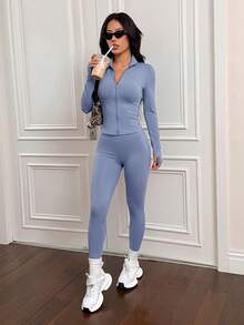 SHEIN PETITE 3件套棕色针织女式运动套装，适合瑜伽、跑步、健身、日常穿着，秋冬季适用。 - 霧霾藍 - 查看 3