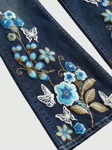 ROMWE Hippie Plus Size Retro Vintage Washed Denim Flare Pants With Butterfly & Floral Pattern - Navy Blue - View 3