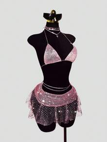 EgrlEra Women's Sexy Super Short Skirt, Rhinestone Embellished Fishnet Fabric, Suitable For Party Occasions - Baby Pink - View 4