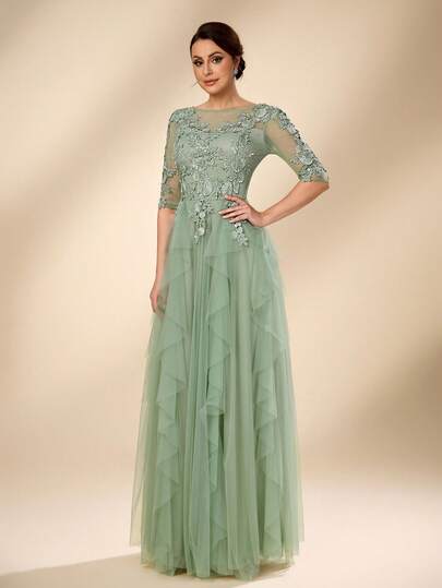 Serin Vestido de boda de verano elegante verde salvia para mujer, vestido formal de noche para fiesta de novia y madre con cuello redondo, manga 3/4, encaje, malla, dobladillo asimétrico con volantes y apliques