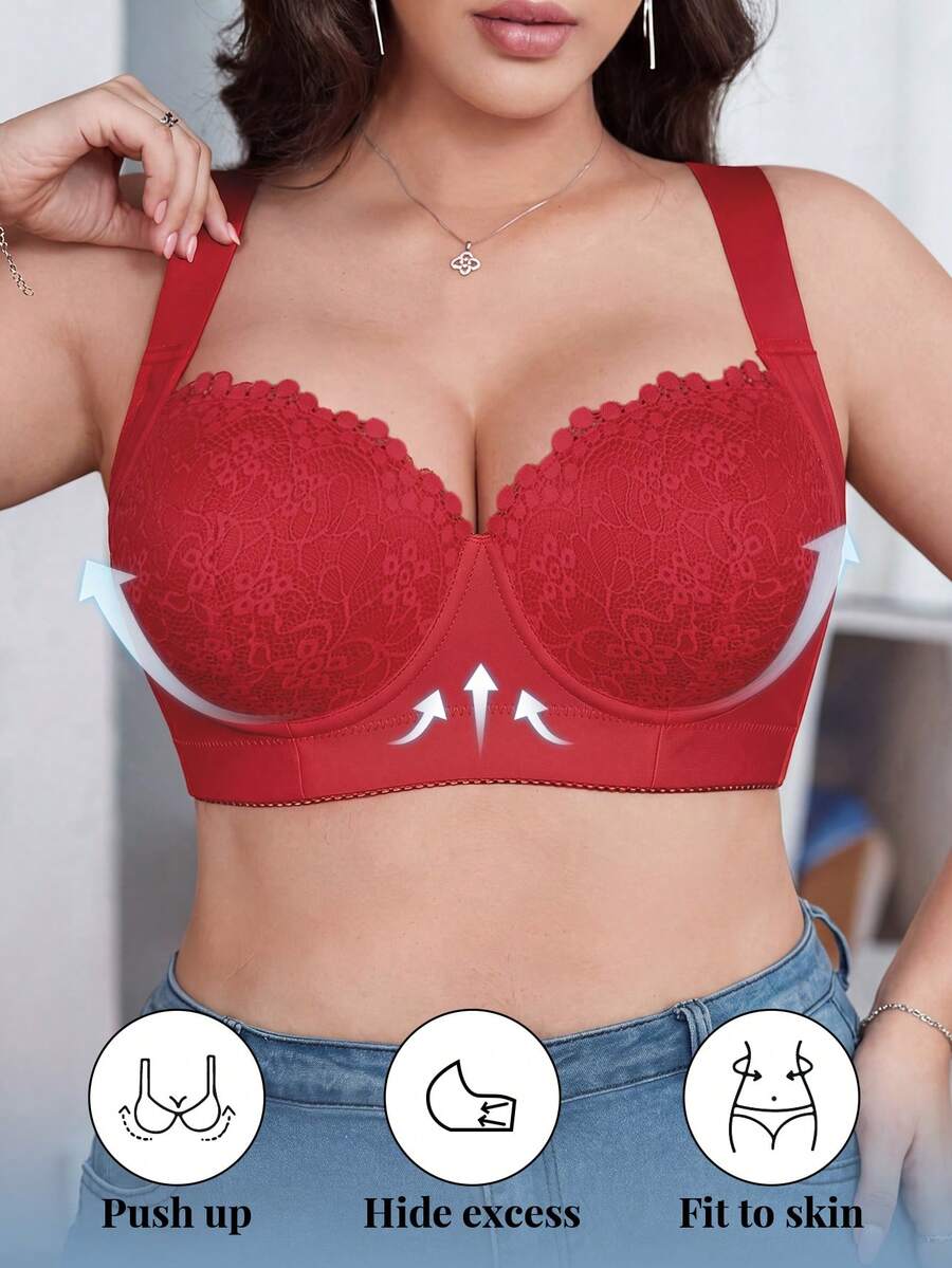 DesireSculpt 1pc Plus Size Lace Patchwork Comfortable Seamless Wireless Adjustable Supportive Bra - Red - View 1