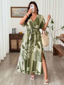 SHEIN LUNE 交叉绑带V领短袖宽松开衩优雅大码女式度假连衣裙 - 彩色 - 查看 6