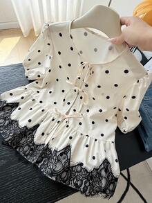 Serisse 女士波点印花蕾丝拼接荷叶边下摆短袖衬衫 - 杏色 - 查看 11