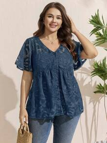 Comfylo Plus Size Women V-Neck Short Sleeve Single-Breasted Casual Shirt - Royal Blue - View 3