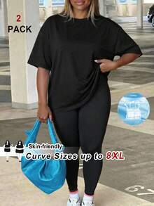 SHEIN CURVE+ Ensemble 2 pièces décontracté pour femmes grandes tailles, t-shirt à col rond à manches courtes de couleur unie et leggings - Noir - Voir 1