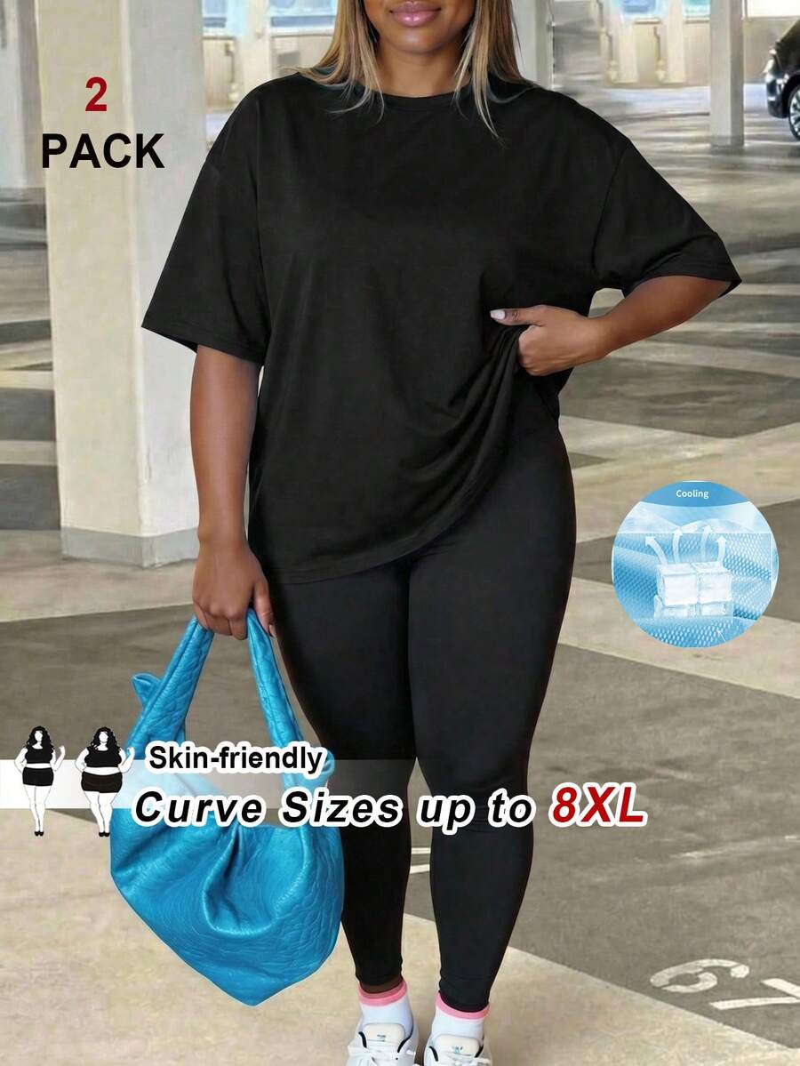 SHEIN CURVE+ Ensemble 2 pièces décontracté pour femmes grandes tailles, t-shirt à col rond à manches courtes de couleur unie et leggings - Noir - Voir 1