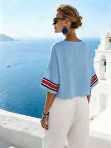 SHEIN Holidaya Áo kiểu Pháp dệt kim, phong cách nghỉ dưỡng, cổ chữ V, in họa tiết, dáng rộng, thích hợp đi biển, áo nữ mới. - Màu xanh nhạt - Xem 2