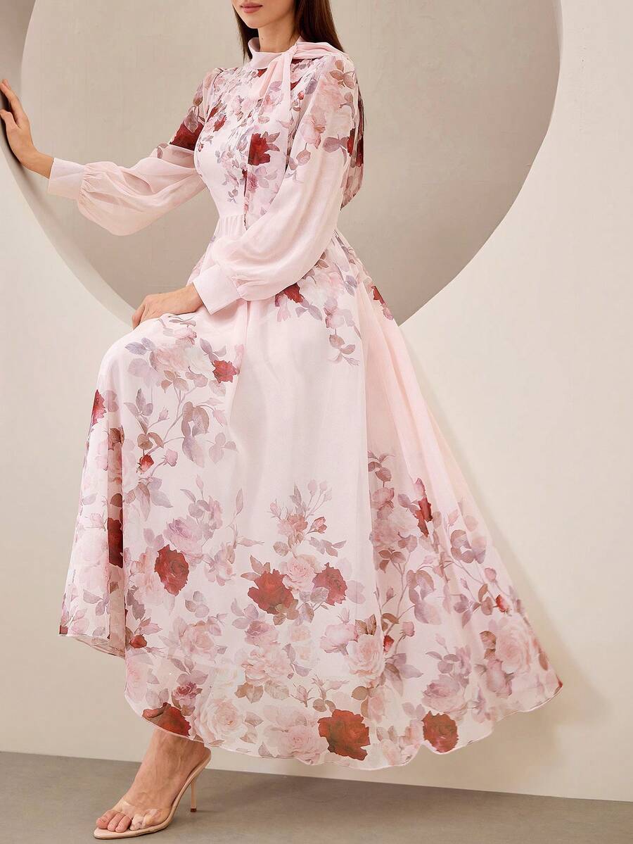 Elegant Rose Print Stand Collar Tie-Waist Flowy Chiffon Dress - Pink - View 1