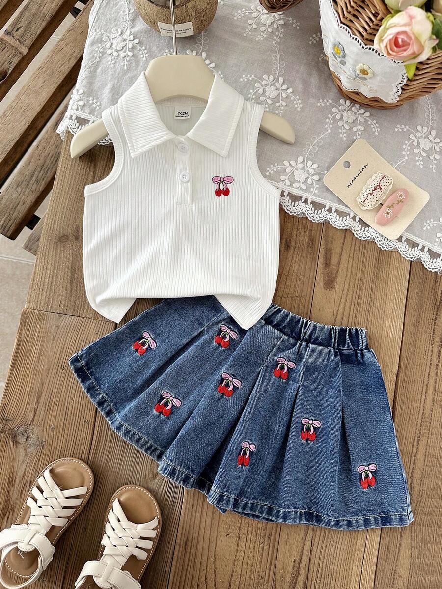 SHEIN 女童夏季T恤套装，翻领无袖罗纹polo衫，饰有樱桃刺绣，搭配百褶裙，甜美可爱，休闲百搭，适合日常、度假、户外、街头、上学等场合。