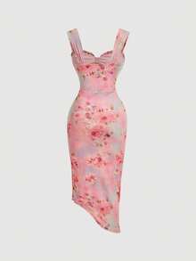 MOD Vestido con estampado floral, plisado, dobladillo asimétrico y abertura, vestidos en tonos pastel para mujer - Rosa - Ver 11