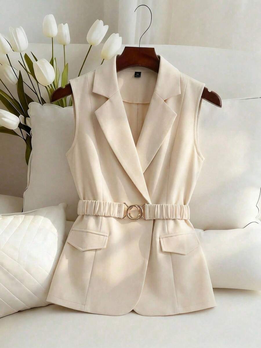 Franclia Áo khoác blazer mỏng dành cho nữ cỡ lớn, cổ chữ V hai mặt, thắt lưng nhún eo với khóa kim loại, gấu áo có thể mở, túi, kiểu dáng thanh lịch Pháp lãng mạn cổ điển, phù hợp cho công sở, đi biển, phong cách tối giản, đa năng, bộ sưu tập Xuân/Hè mới. - Màu be - Xem 1