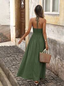Brillora 女款夏季波希米亞度假風幾何拼接繫腰掛脖洋裝，女裝套裝，度假洋裝，波希米亞風 - 軍綠色 - 查看 2
