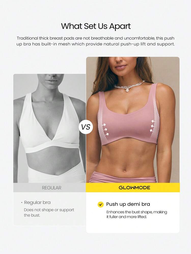 FeatherFit™-Sculpt Push-Up Power Play Compressive Built-In Mesh Straps Removable Cups V-Back Demi Sports Bra Medium Impact Running Jogging Workout Gym Training Active Fall Winter