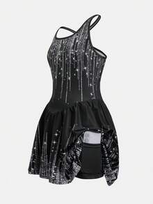 SHEIN 少女休闲渐变色交叉露背运动连衣裙 - 黑色 - 查看 2