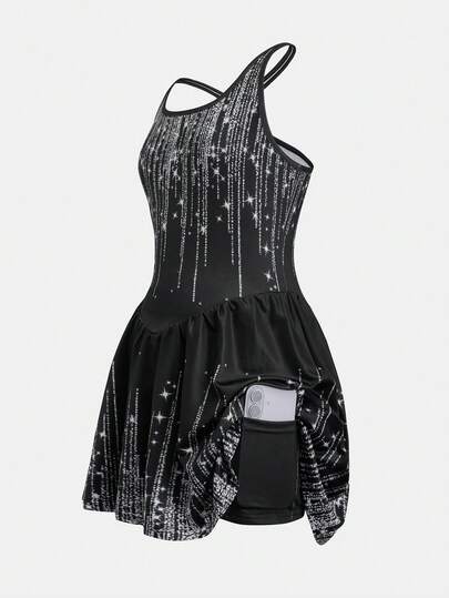 SHEIN 少女休闲渐变色交叉露背运动连衣裙
