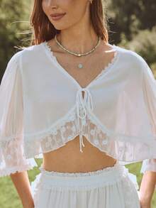 WESTFADE Áo kiểu thắt nơ phía trước bằng chiffon và ren không xuyên thấu - Màu be - Xem 7