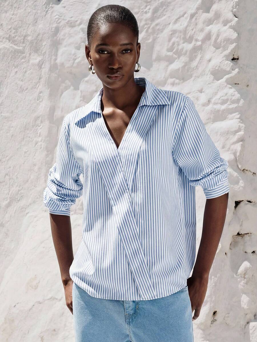 Aveloria Modichic Fashionable Minimalist Commuting Versatile Blue & White Striped Lapel Overlap Front Design Women Long Sleeve Shirt - Blue and White - View 1