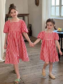 SHEIN LMoss Kids Tween Girls' Woven Solid Color Square Neck Puff Sleeve Fitted Casual Dress - Red - View 5
