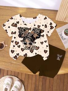 Young Girls Summer Casual Fashion Leopard Print Heart Cartoon Girl Pattern T-Shirt And Bike Shorts Set,Refreshing Cute Basic Daily Wear Cozy Outfits - Multicolor - View 4
