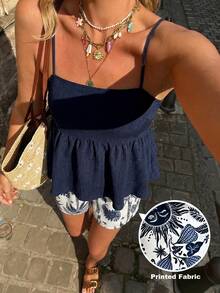 Women's Pleated Camisole Top And Cashew Print Shorts Casual Outfit, Spring/Summer - Multicolor - View 1