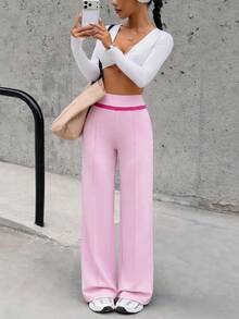 Seamluxe SHEIN Sport 女士高腰直筒休闲裤，带口袋，户外运动跑步健身休闲裤 - 粉色 - 查看 5