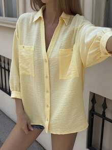 Livesso Camisa feminina casual de manga curta e modelagem solta, ideal para o escritório, passeios na cidade, primavera e verão. - Amarelo - Ver 4