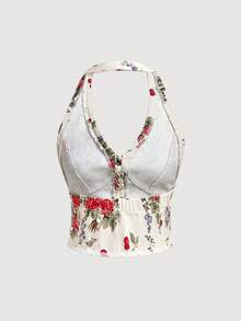 SHEIN MOD Women's Floral Pattern Single-Breasted Bow Decor Halter Denim Jacket - White - View 2